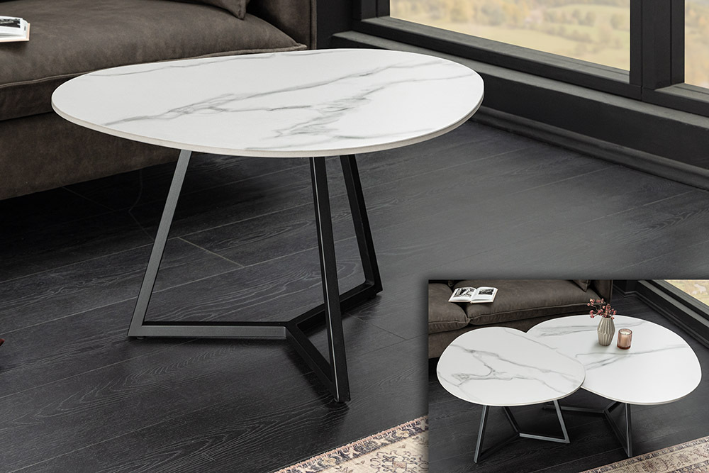 Design Couchtisch MARVELOUS 70cm weiß Marmor Keramik schwarzes Metall