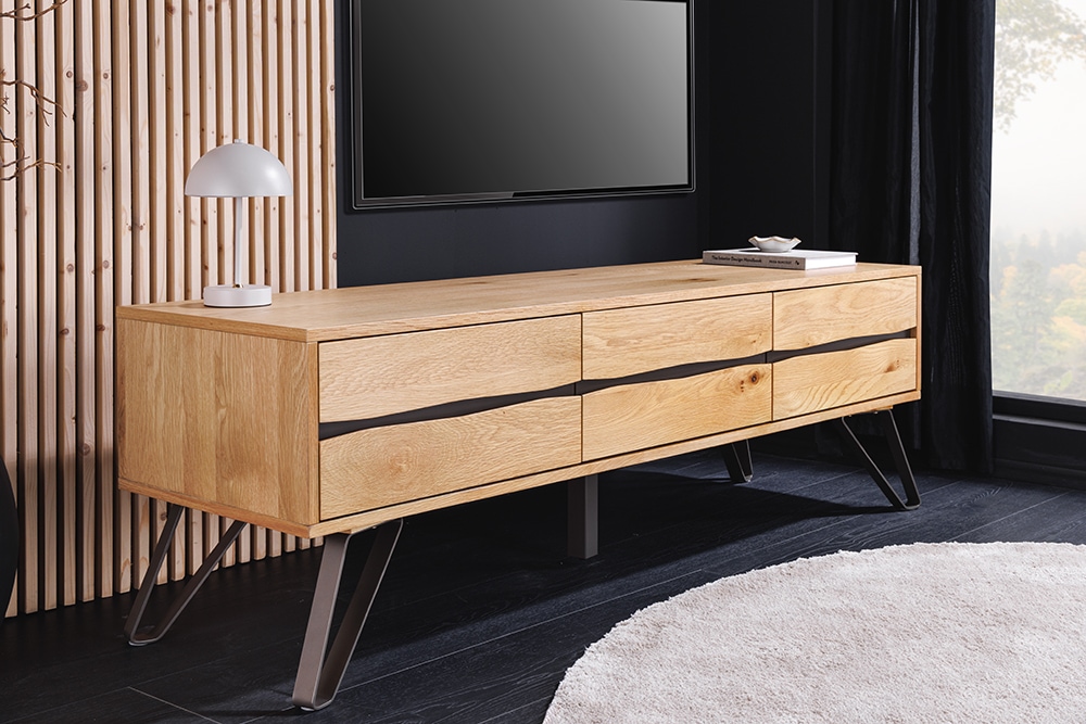 Massives TV-Lowboard LIVING EDGE 160cm natur Eichenholz Baumkante mit Hairpin Legs