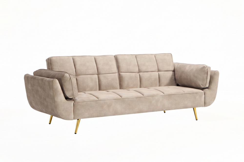 Retro Schlafsofa BOUTIQUE 215cm champagner beige Samt 3-Sitzer mit goldenen Füßen