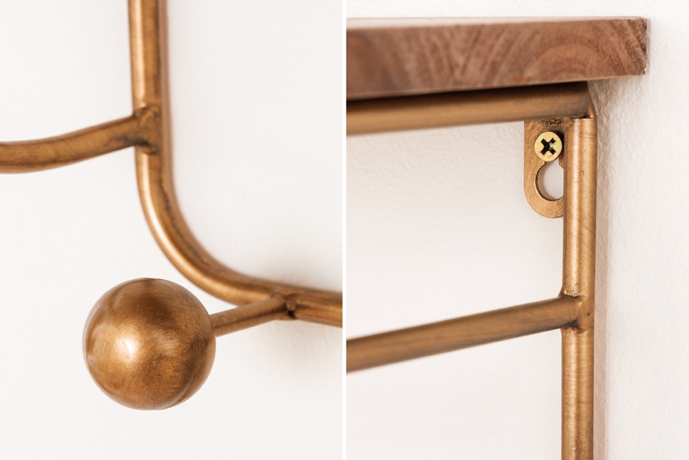 Dekorative Wandgarderobe HERITAGE 80cm natur gold messing Pinie Metall mit Ablage