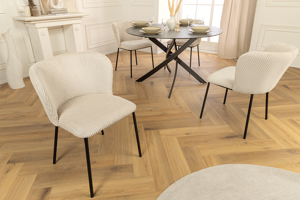 Design Stuhl LYON beige Cord schwarze Metallbeine