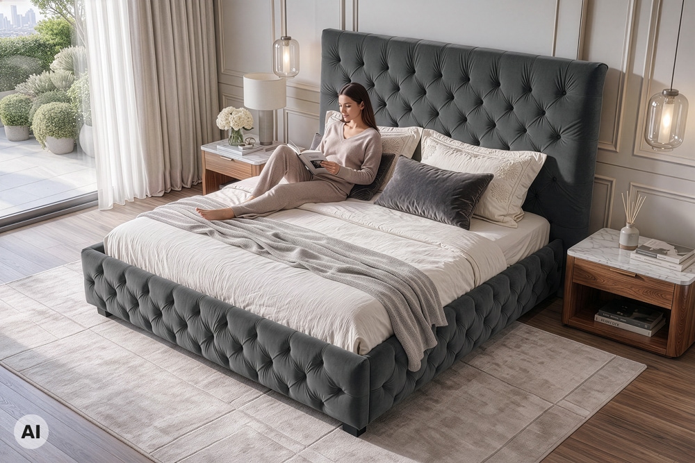 Design Doppelbett PARIS 180x200cm grau Samt Chesterfield