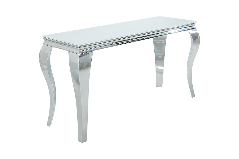Eleganter Konsolentisch MODERN BAROCK 145cm weiß Edelstahlbeine Opalglas