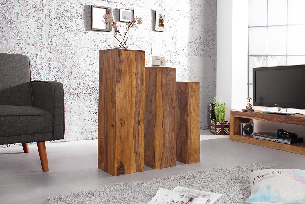 Design Deko Säule 3er Set MAKASSAR 80cm braun Sheesham stone finish Handarbeit