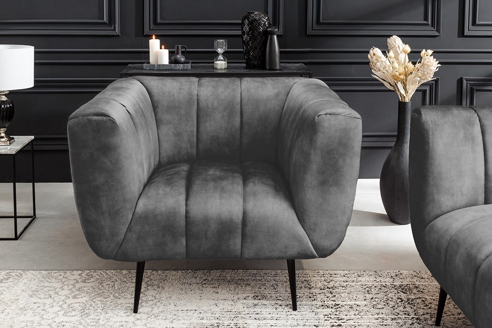 Retro Sessel NOBLESSE 105cm grau Samt schwarze Metallfüße Federkern Ziersteppung