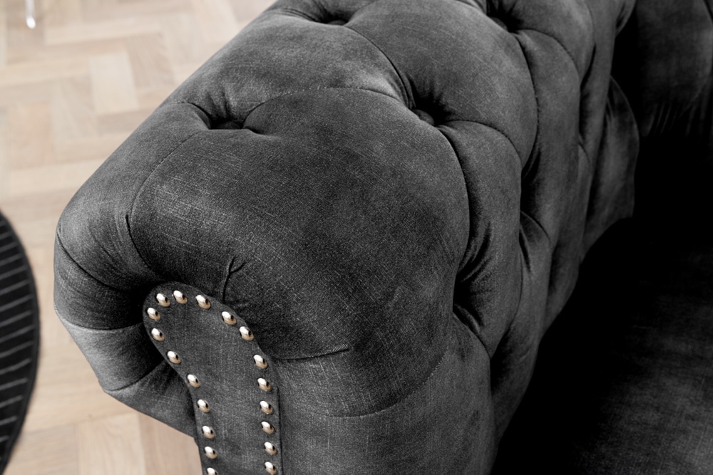 Barocker Sessel CHESTERFIELD grau Samt Federkern mit Knopfheftung