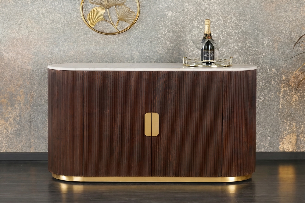 Massives Sideboard GATSBY 120cm braun Mangoholz gold Metall weiße Marmorplatte