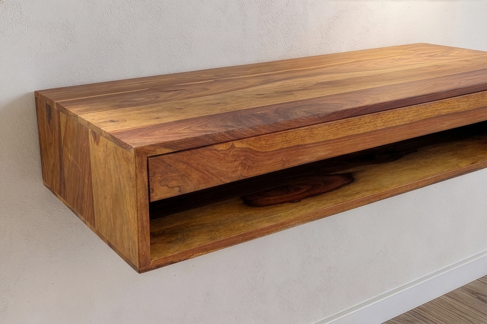 Hängender Konsolentisch PURE 100cm braun Sheeshamholz stone finish Schreibtisch