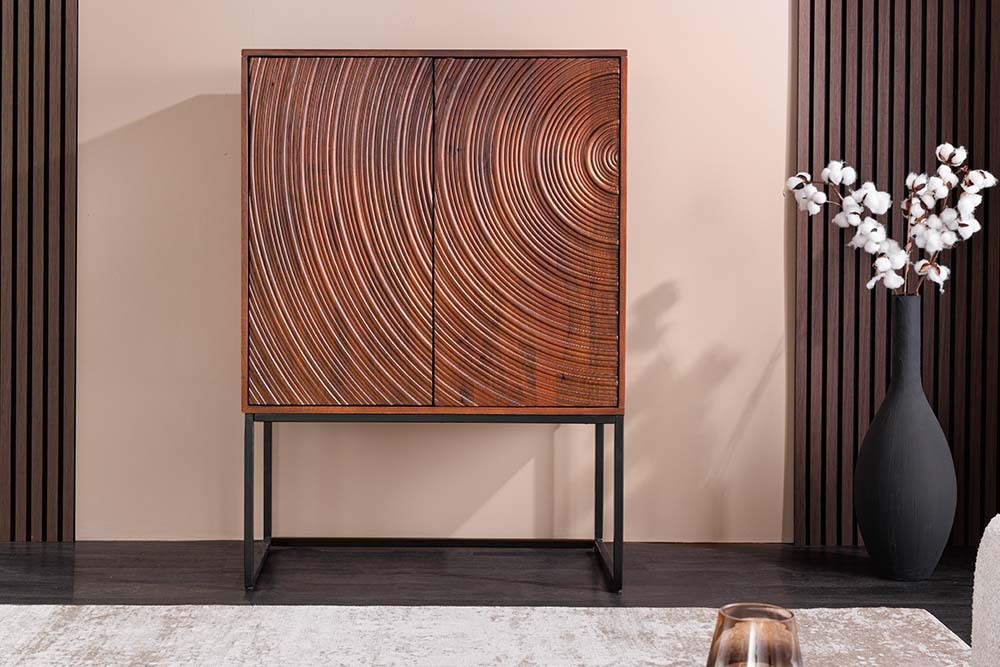 Design Highboard ORBIT 120cm braun Mangoholz mit 3D-Front schwarz Metall Design Highboard ORBIT 120cm braun Mangoholz mit 3D-Front schwarz Metall