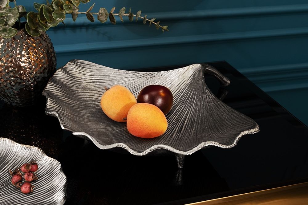 Dekorative Schale GINKGO 45cm silber handmade Metall