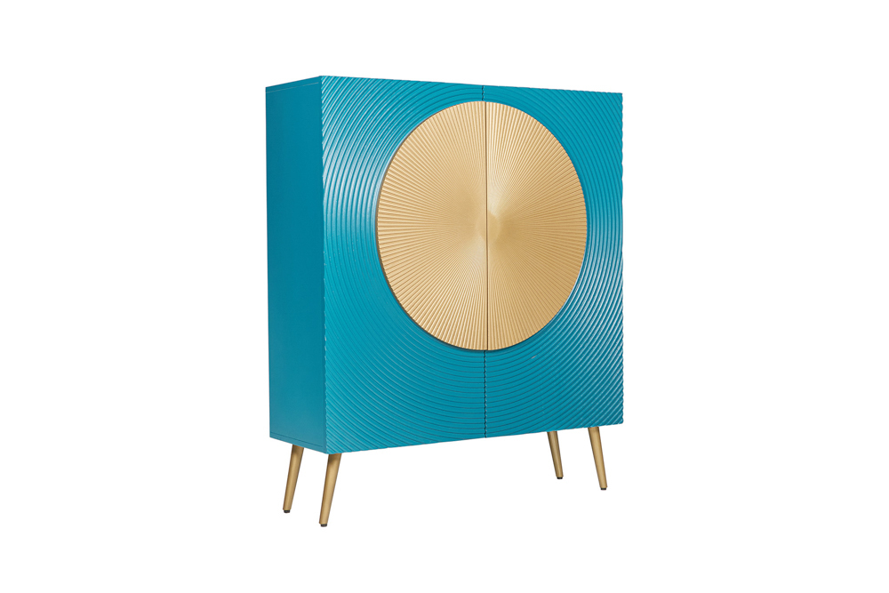 Massives Highboard AURUM 120cm türkis Mangoholz mit ikonischem Gold-Element