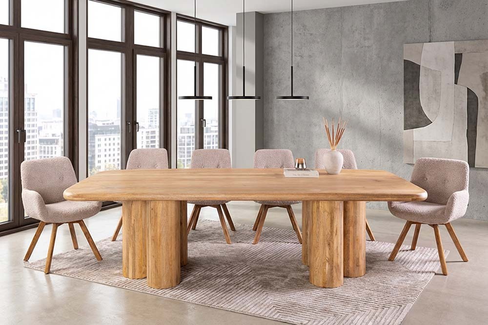 Massiver Esstisch ART DECO 240cm natur Mangoholz mit Säulenfüßen