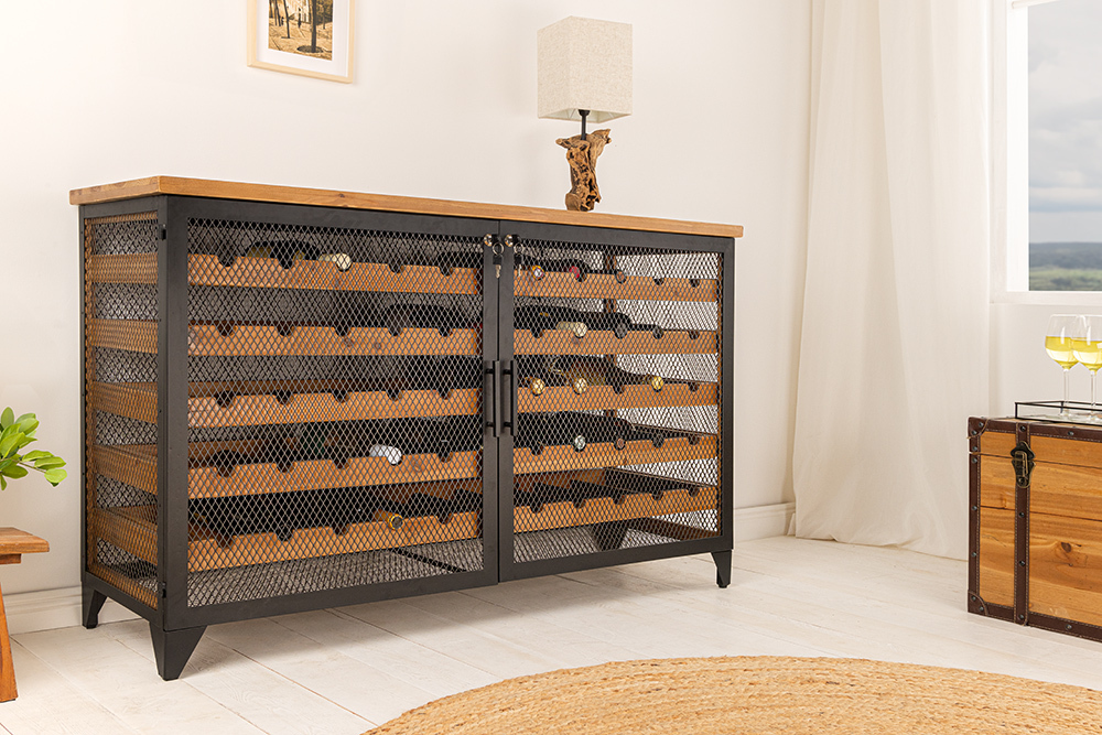 Design Weinboard  BODEGA 130cm natur schwarz Tannenholz Metall Flaschenregal