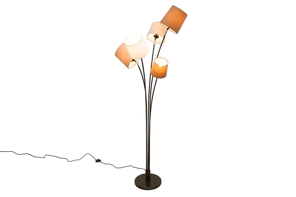 Design Stehlampe LEVELS 176cm weiß beige braun mit 5 Leinenschirmen