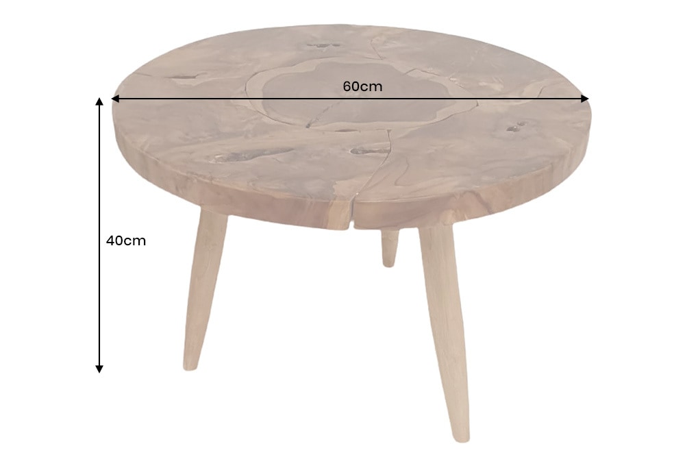 Runder Massivholz Couchtisch MOSAIK 60cm natur Teak Baumstamm handmade