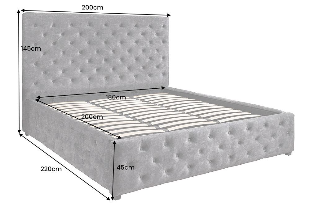 Boxbett PARIS 180x200cm grau Samt mit Stauraum inkl. Matratze und Topper