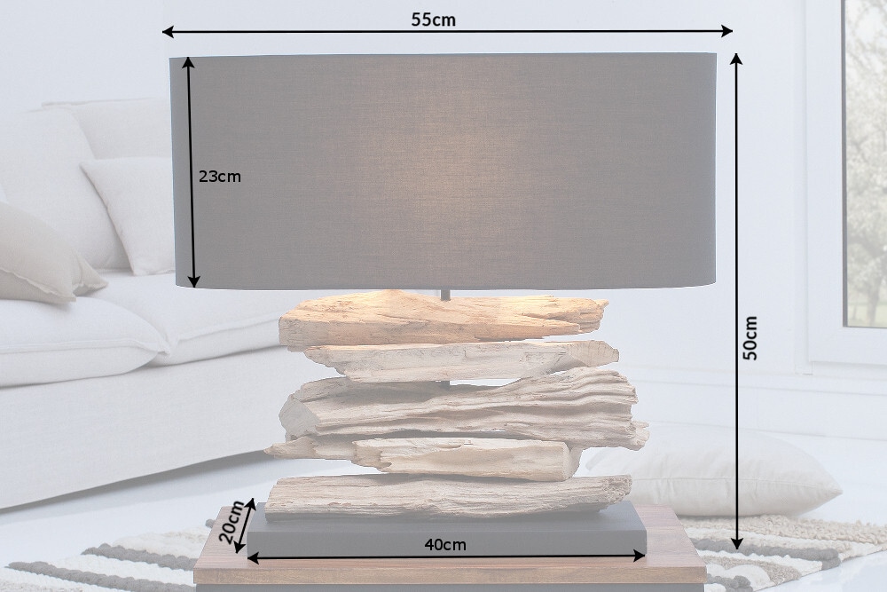 Handgearbeitete Treibholz Lampe RIVERINE 55cm schwarz Leinenschirm Tischleuchte