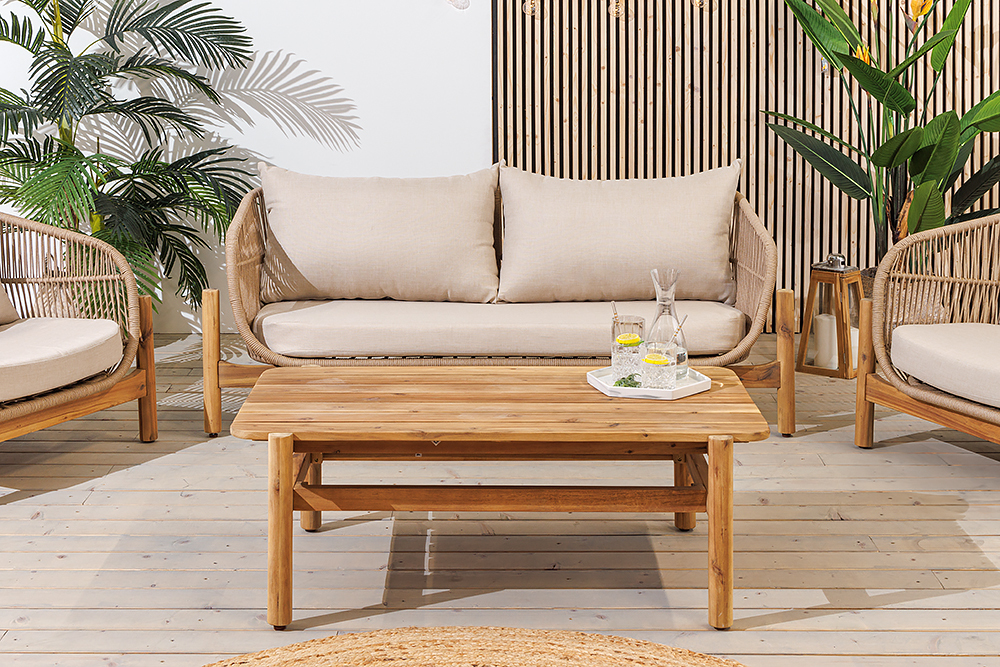 Wetterfestes Gartenlounge Set ROPE natur beige Akazienholz Aluminium inkl. Tisch Sitzpolster