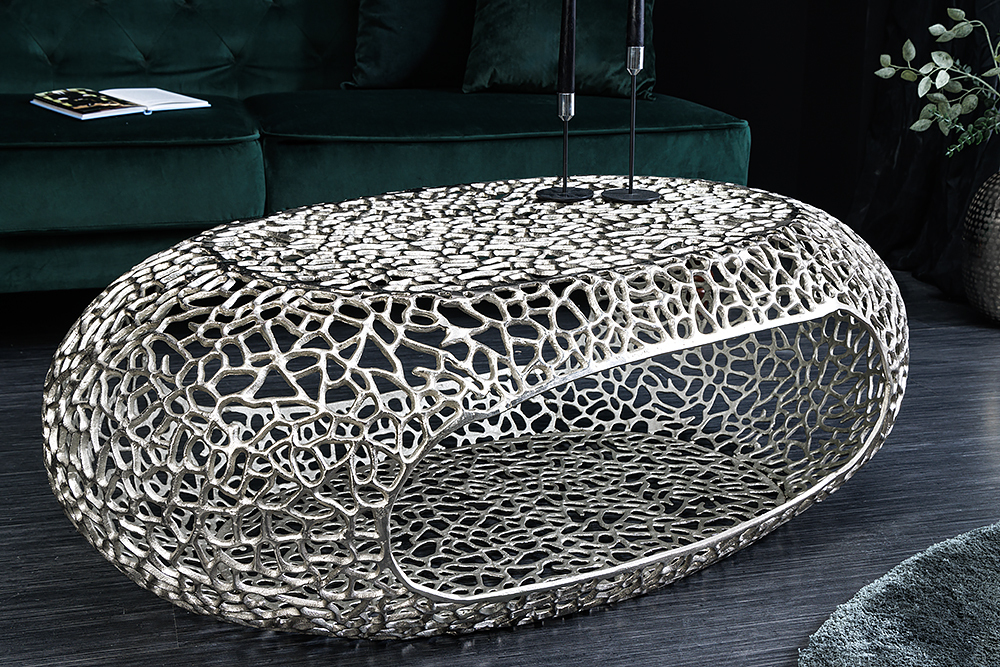 Handgearbeiteter Couchtisch ORGANIC 120cm silber Metall Blatt-Design mit Stauraum » Jetzt kaufen