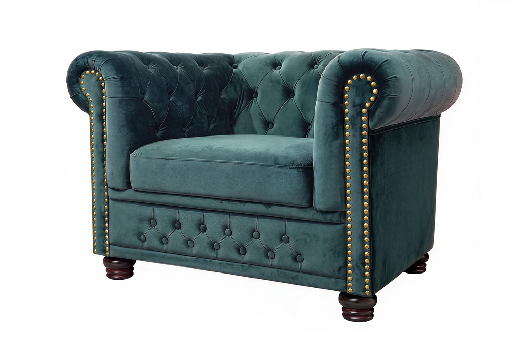 Barocker Sessel CHESTERFIELD petrol Samt Federkern goldene Nieten mit Knopfheftung