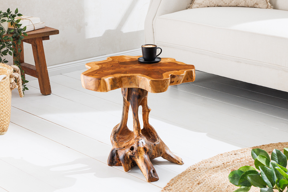 Massivholz Beistelltisch ROOT 40cm natur Teak aus Wurzelholz im Stelzen-Design