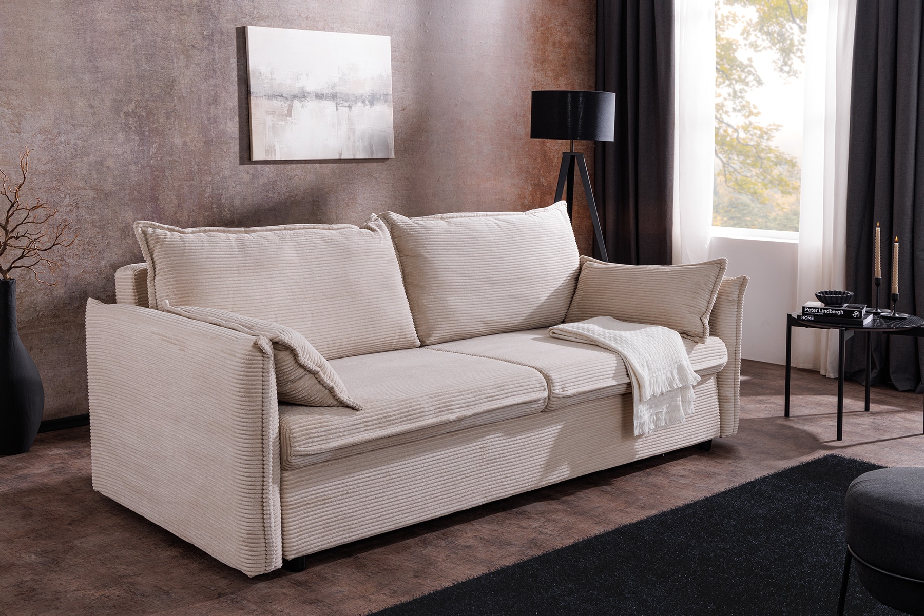XXL Sofa mit Schlaffunktion APARTMENT beige Cord inkl. Bettkasten und Kissen