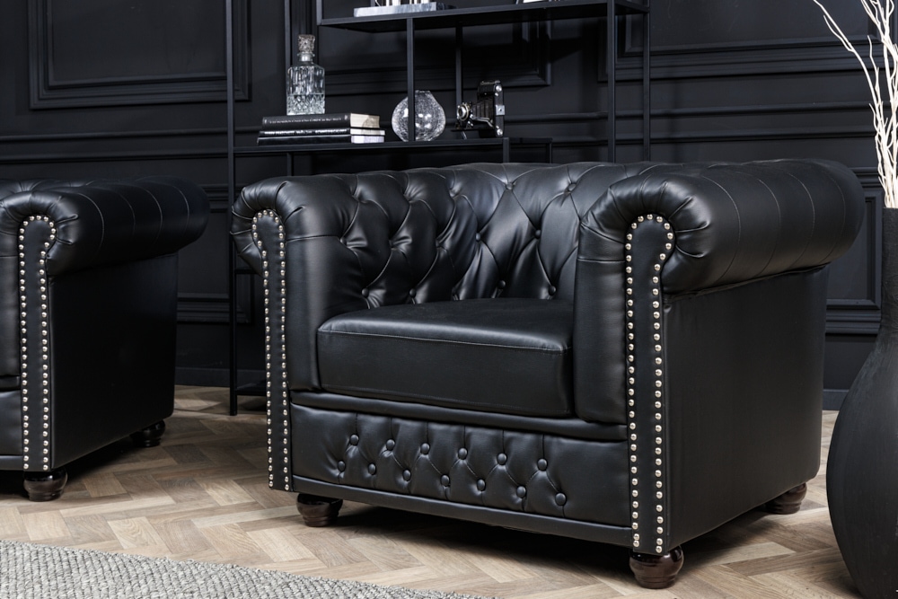 Design Sessel CHESTERFIELD 110cm matt schwarz Knopfheftung Federkern