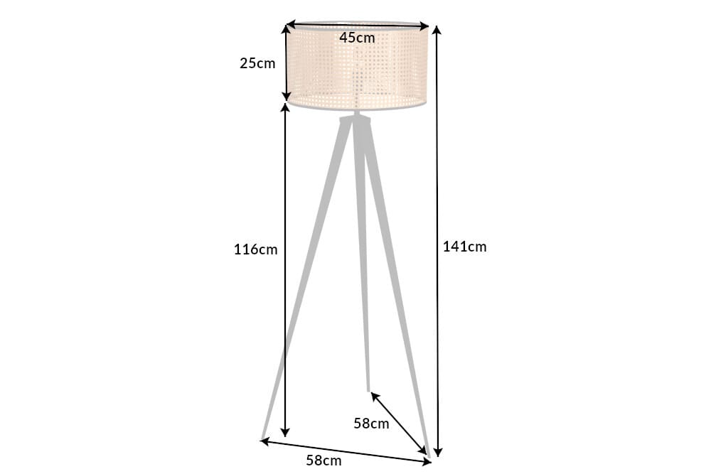 Boho Stehlampe VIENNA 142cm natur schwarz Wiener Geflecht Metall Dreifuß Stehleuchte