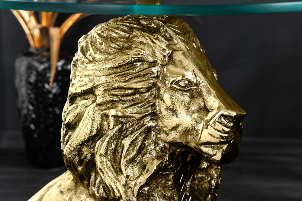 Runder Beistelltisch WILDLIFE LION 60cm gold antik Metall Glas Löwen Skulptur
