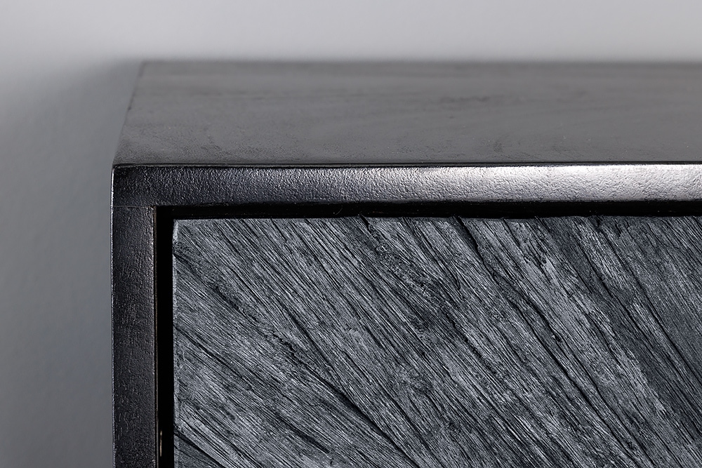 Massives Highboard BARRACUDA 120cm grau Mangoholz mit Teakholz-Front schwarz Metall