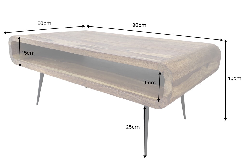 Massivholz Couchtisch ALPHA 90cm braun Sheesham stone finish Metallbeine mit Stauraum
