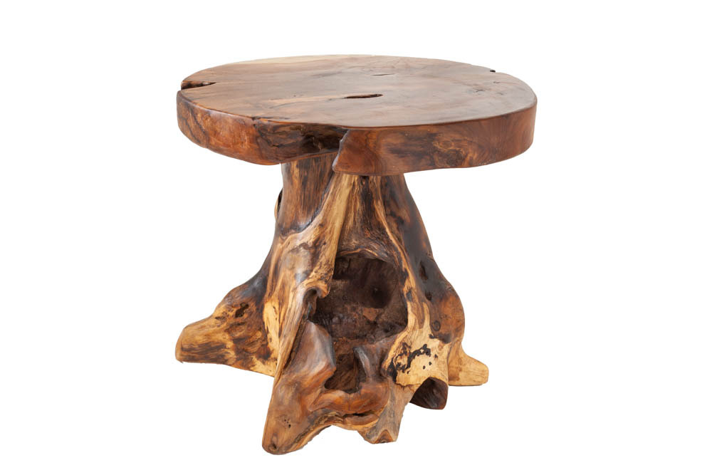 Massiver Beistelltisch ROOT 40cm Teakholz Hocker aus Wurzelholz