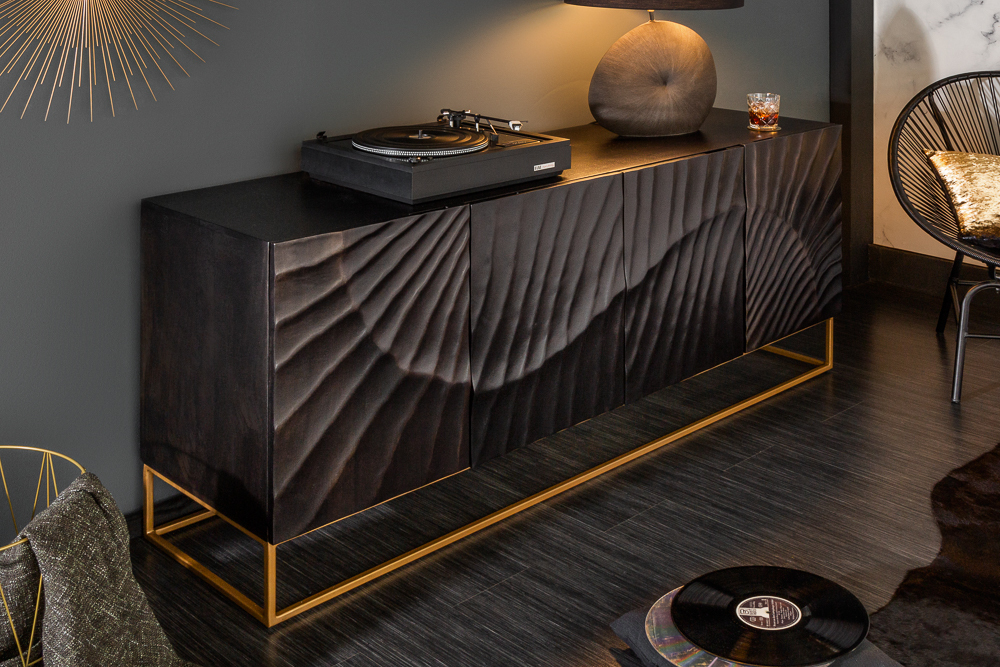 Massives Sideboard SCORPION 180cm schwarz Mangoholz aufwendige 3D Schnitzereien