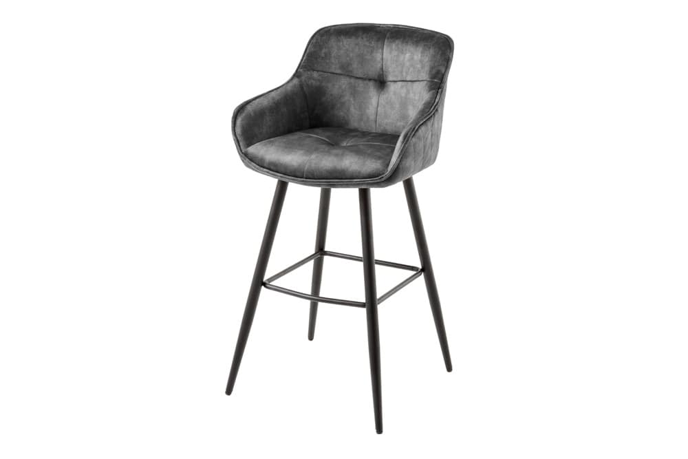 Design Barhocker EUPHORIA grau Samt schwarze Metallbeine Barstuhl mit Lehne