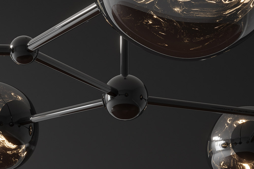 Design Hängelampe LIQUID DIAMOND 100cm smoke schwarz Glas fünf Schirme Kugelleuchte
