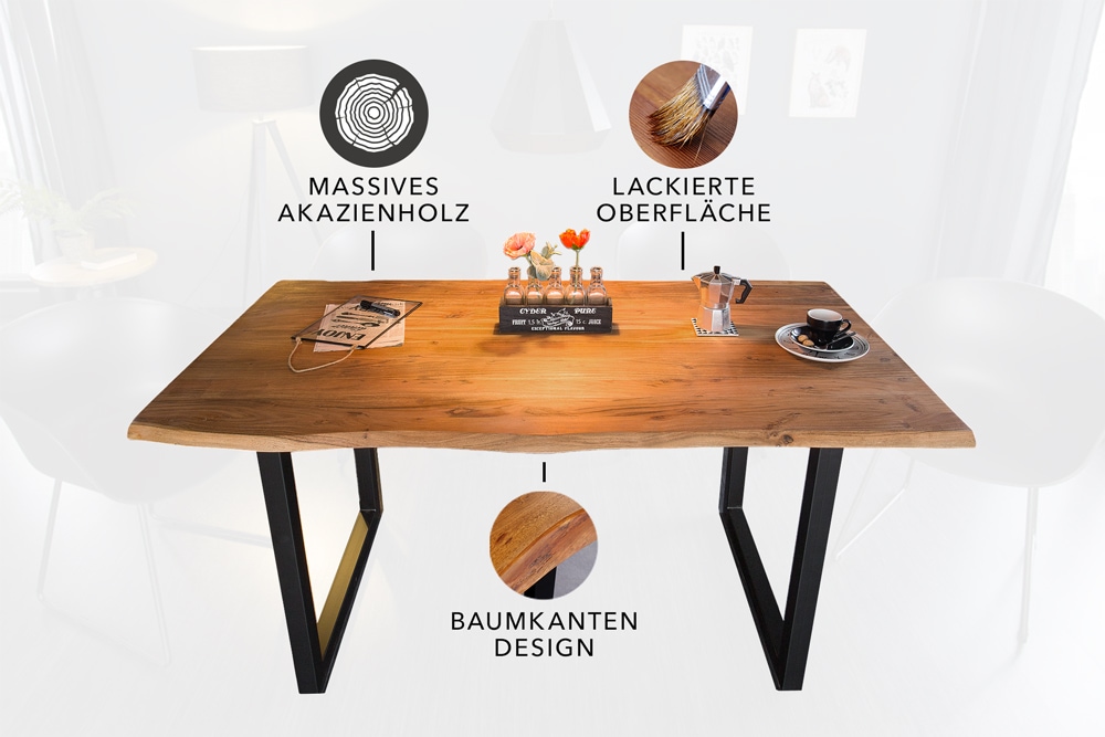 Massivholz Esstisch MAMMUT 140cm Wild-Akazie Baumkante Industrial Design 2,6cm Tischplatte