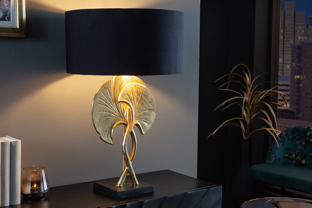 Dekorative Tischlampe GINKGO 62cm schwarz gold Metall Skulptur Leuchte mit Marmorfuß