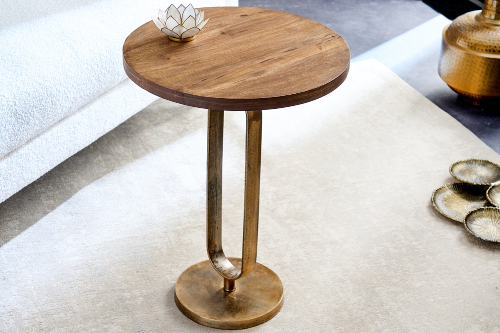 Runder Beistelltisch ELEGANCE 60cm messing Mangoholz Metall Aluminium massiv handmade