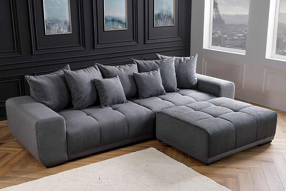 Modernes XXL Sofa ELEGANCIA 285cm anthrazit Cord inklusive Kissen Bigsofa