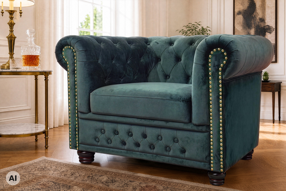 Barocker Sessel CHESTERFIELD petrol Samt Federkern goldene Nieten mit Knopfheftung