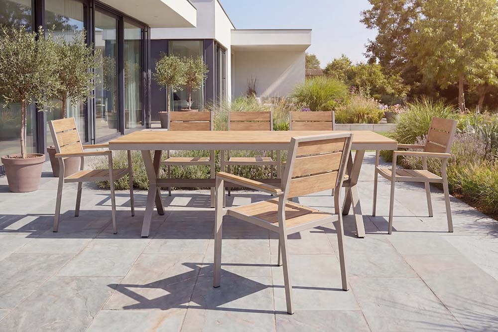 Moderner Gartenstuhl DESIGNO 90cm natur greige Aluminium stapelbar wetterfest