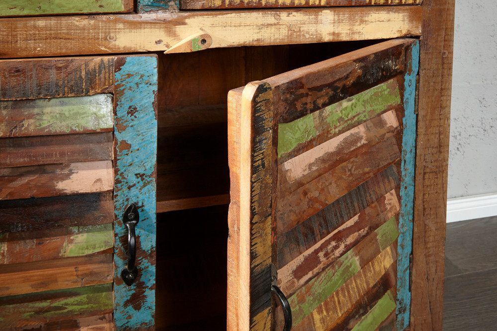 Einzigartiges Sideboard JAKARTA 160cm bunt recyceltes Massivholz aus Fischerbooten