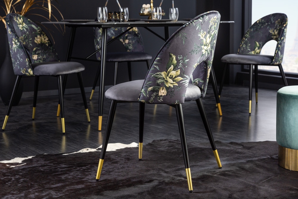 Design Stuhl PRÊT-À-PORTER grau Samt florales Muster und goldene Fußkappen