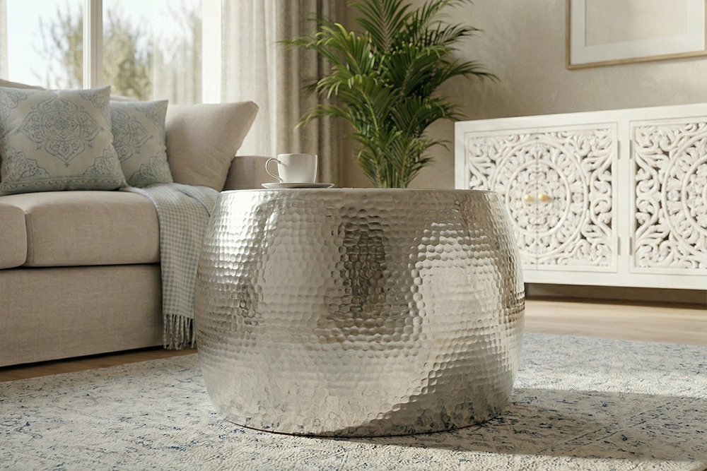 Runder Couchtisch ORIENT 60cm silber Metall Aluminium Hammerschlag Design handmade