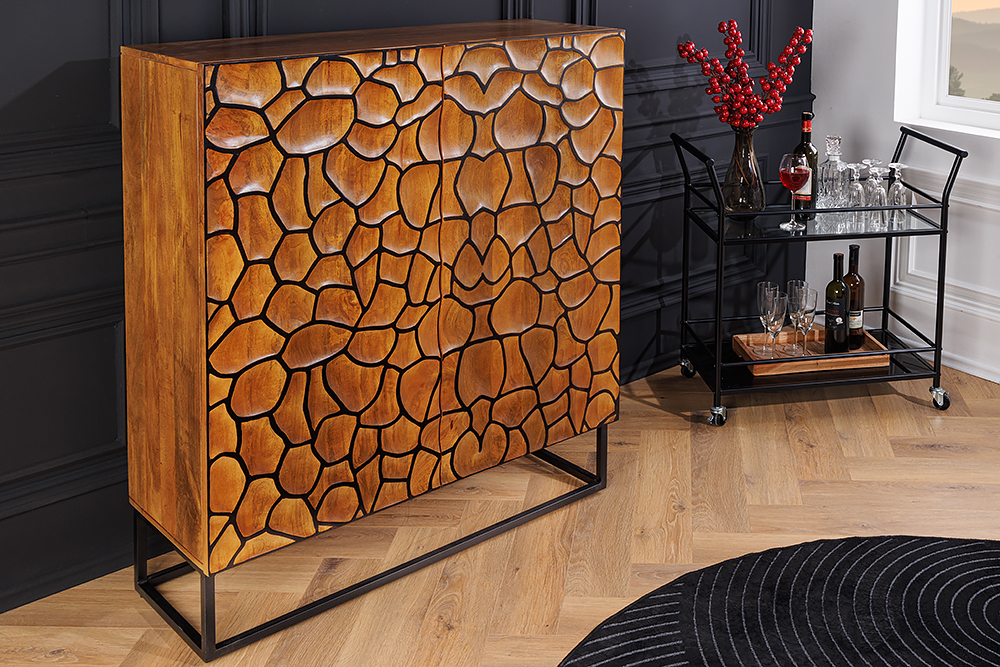 Massivholz Highboard VULCANO 120cm braun Mangoholz mit 3D Schnitzereien handmade Metallgestell schwarz