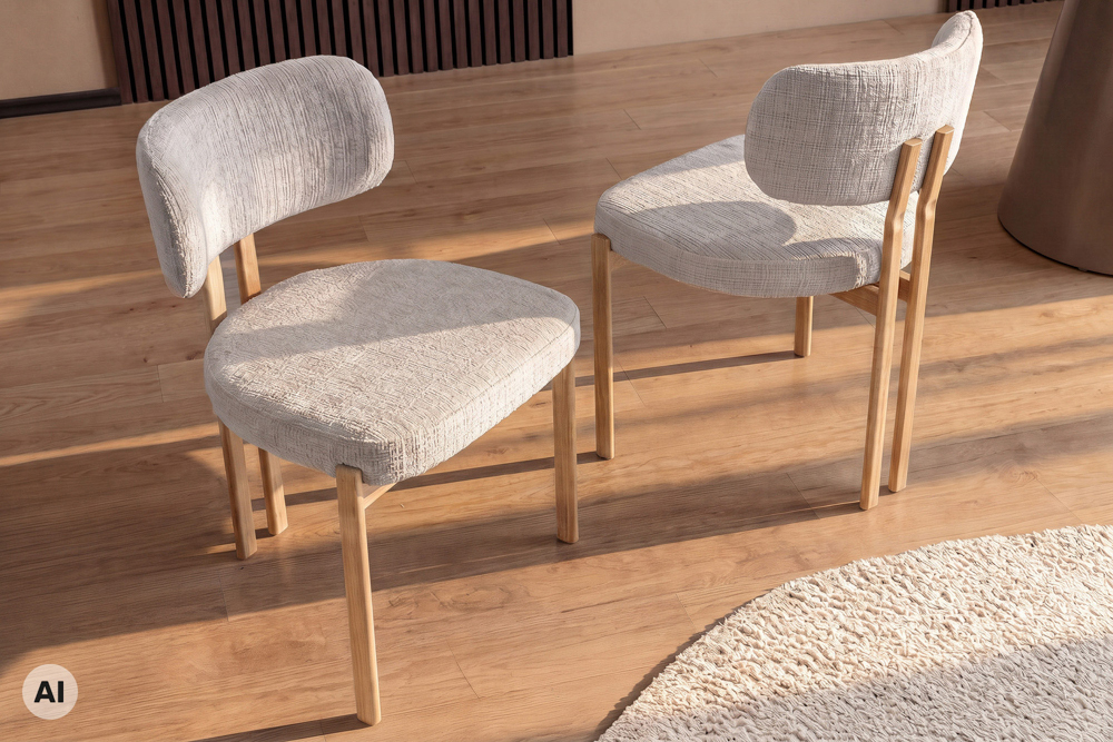 Design Stuhl BELLANO creme beige Chenille Cremona Metallgestell Eiche