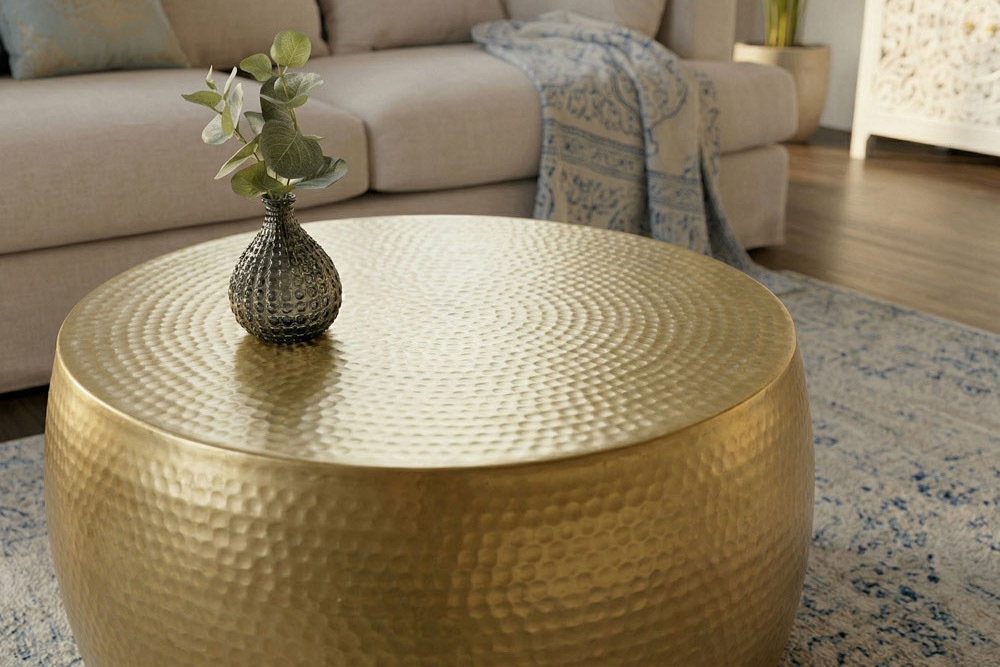 Runder Couchtisch ORIENT III 60cm gold Metall Hammerschlag Design handmade