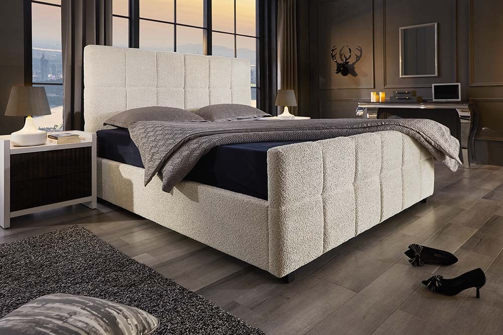 Modernes Boxbett PRESTIGE 160x200cm creme Bouclé mit Stauraum und Lattenrost