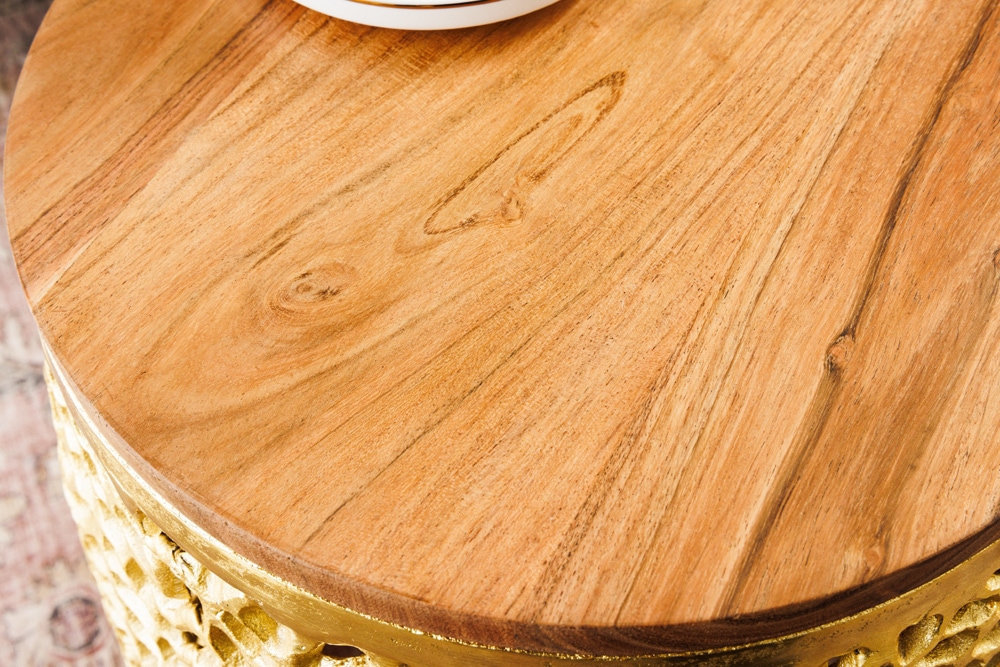 2er Set Filigraner Design Couchtisch ABSTRACT LEAF gold Akazienholz Handarbeit Metall rund