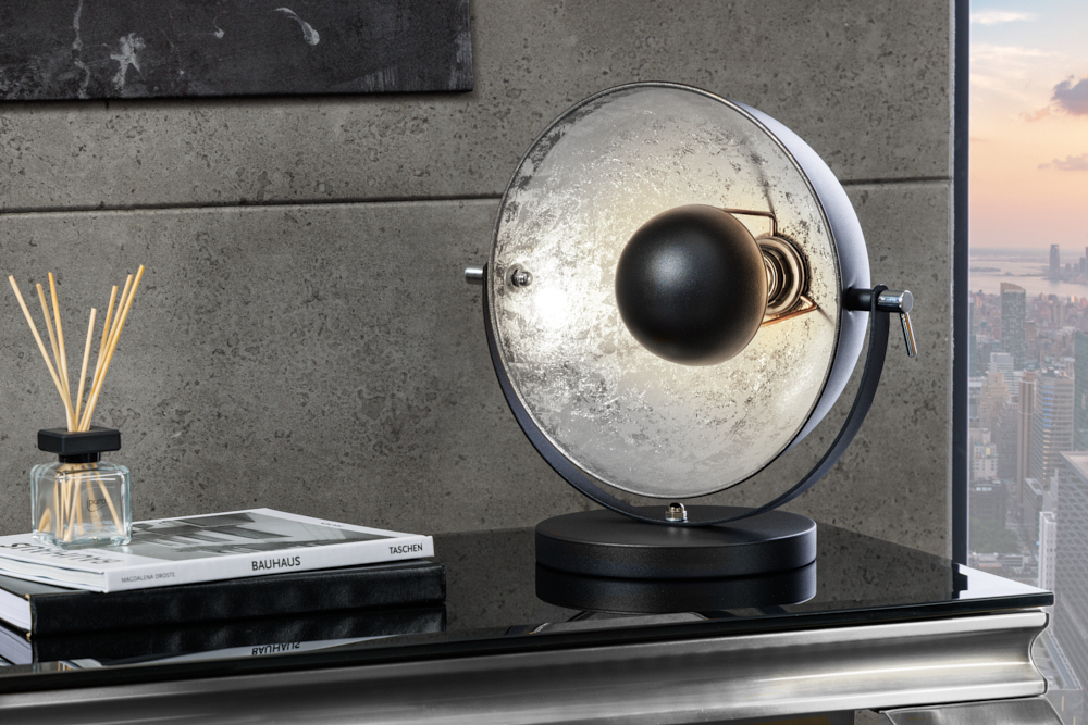 Industrial Design Tischlampe STUDIO 40cm schwarz Blattsilber-Optik neigbarer Schirm